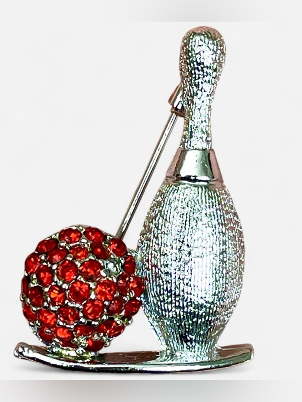 Dodds Vintage Bowling Brooch Pin Red Rhinestone Ball Silver Retro Collectible